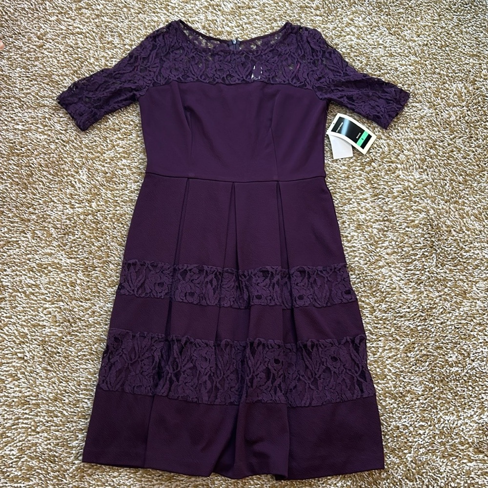 Julian Taylor Purple A-Line Midi Dress 3/4 Sleeve Crew Neck